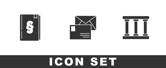 Sticker - Set Law book, Envelope and Prison window icon. Vector