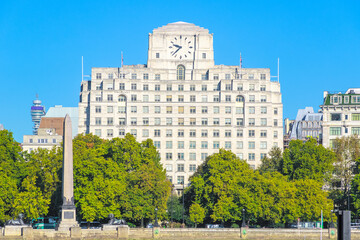 Cleopatra's Needle and facade of Shell Mex House in the Victoria Embankment, London