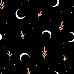 Wall Mural - Seamless pattern with moon and leaf on black background. Bohemian art. Hand drawn botany illustration in pastel colors.