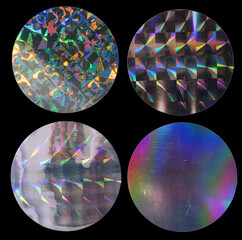 cool round holo stickers on black with scratches, sticky holographic iridescent color foil tapes or 