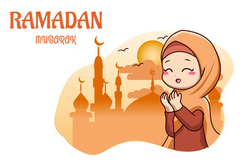 Cute muslim girl pray in mosque ramadan kareem cartoon illustration