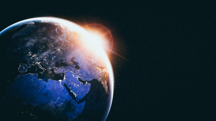 Wall Mural - Planet earth globe view from space showing realistic earth surface and world map as in outer space point of view . Elements of this image furnished by NASA planet earth from space photos.