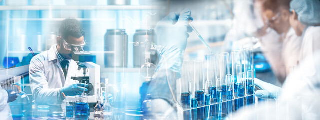 Wall Mural - banner background of scientist research in medical science laboratory, medicine technology with biol