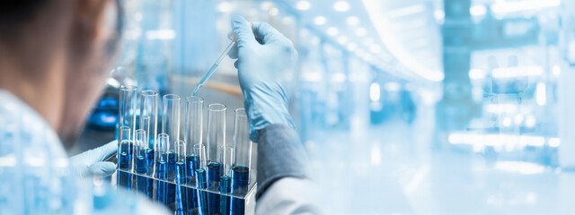 Wall Mural - banner background of scientist research in medical science laboratory, medicine technology with biol