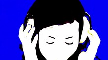 Poster Effect: A Beautiful Young Woman Listening To Music With White Headphones, Moving Her Hands, Looking Shy. Closeup Shot, Blue Background.
