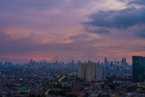 Fototapeta Miasto - Beautiful Scenery of Jakarta Skyline from Kemayoran during sunrise and daylight
