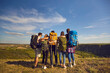 © Studio Romantic - Group of young tourists hikers standing backwards and looking at green valley