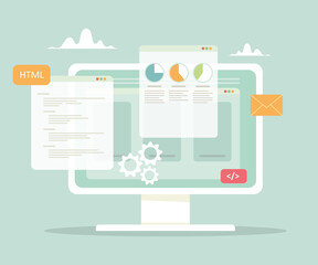 computer with open pages, communication and analytics, business management. vector business concept 