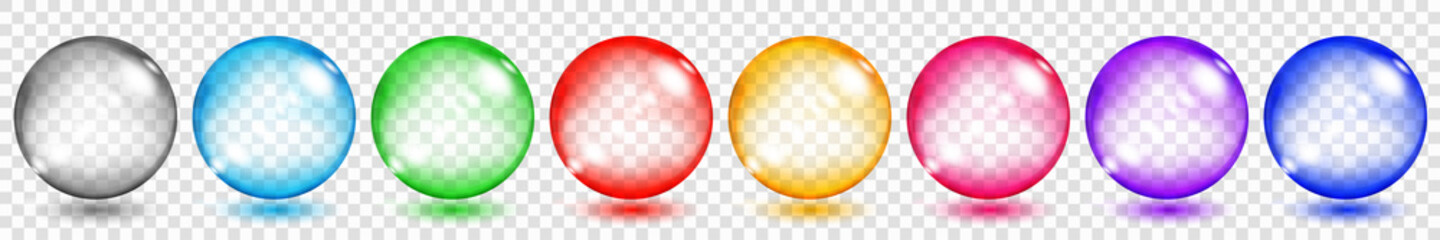 Poster - set of translucent colored spheres with glares and shadows on transparent background. transparency o