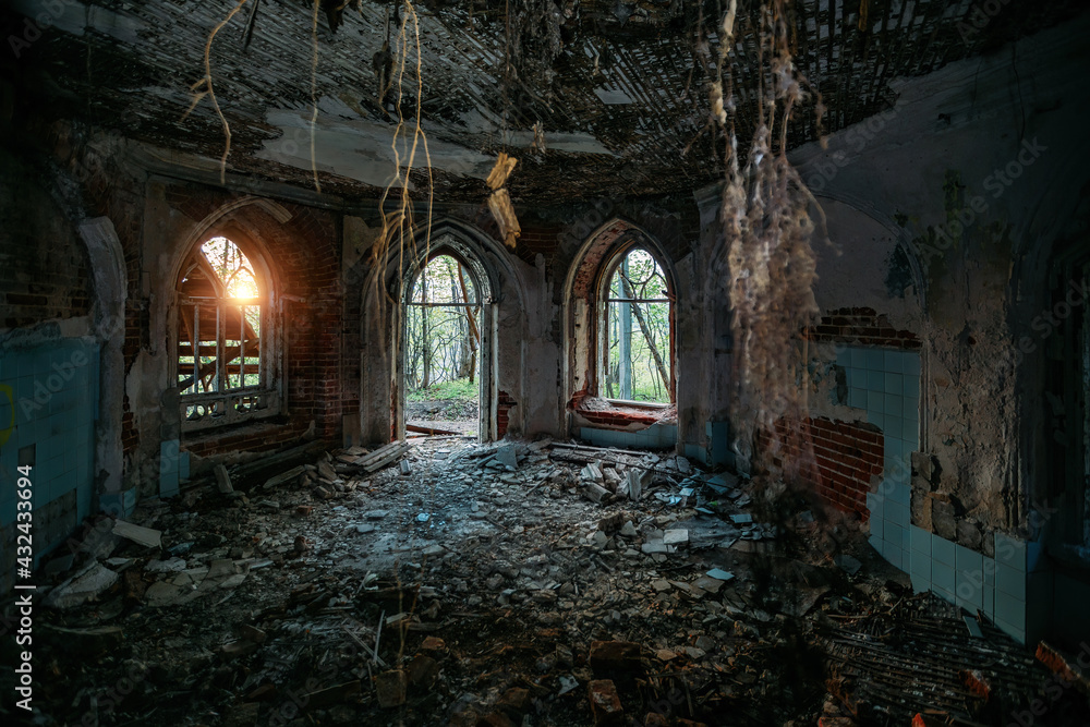 Inside old ruined abandoned historical Khvostov's mansion in Gothic style - obrazy, fototapety, plakaty 