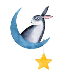 Watercolor illustration of cute gray bunny sitting on moon with little hanging gold star decoration. Hand painted watercolour graphic drawing, cutout clip art element for design, banner, card, poster.