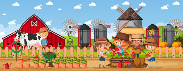 farm outdoor scene with many children