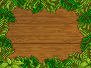 Wall Mural - Empty wooden background with tropical leaves elements