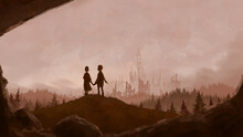 Girl And Boy Looking At The Destroyed World Around Them. 2D Illustration