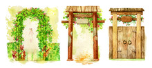 Set Of Gates Isolated On A White Background. Park Arch. Village Gate. Watercolour Illustration. Torii Gate Painted In Watercolor.