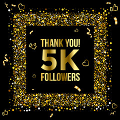 Thank you 5k or five thousand followers peoples,  online social group, happy banner celebrate, gold and black design. Vector illustration