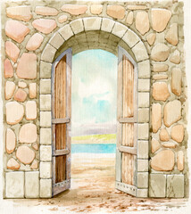 Fortress gates painted in watercolors. Open fortress gates. Gate arch on the old tower.