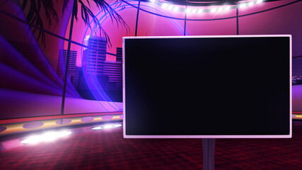 Wall Mural - Retro virtual show stage background with a monitor, ideal for tv shows, commercials or events. A 3D illustration, suitable on VR tracking system sets, with green screen