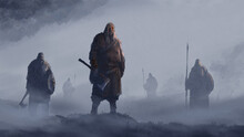 Vikings Stand In The Fog With Axes, Spears And Shields, Ready For Battle. 2D Illustration