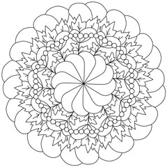 Wall Mural - Simple outline mandala with flower, berries and leaves, coloring page with natural motives