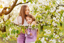 Two Girls Sisters Cuddle In The Garden With Flowering Trees.