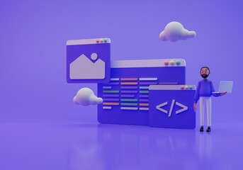 Illustration of man and screen coding 3d rendering