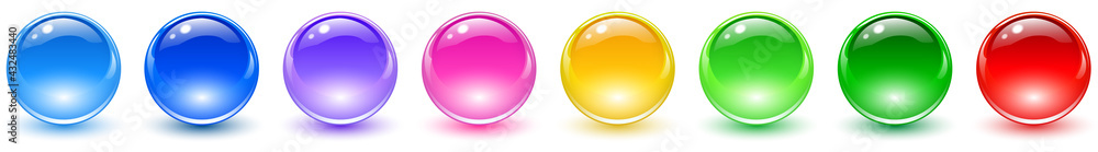 Set of colored spheres, shiny and glossy 3D colorful glass balls collection, multicolored vector illustration. - obrazy, fototapety, plakaty 