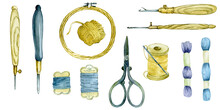 Large Watercolor Set Of Tools For Embroidery. Hoops, Threads, Scissors, Yarn, Punch Needle. Tools For Carpet Embroidery And Embroidery With Beads, Sequins. Isolated On White Background. Vintage