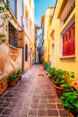  Scenic picturesque streets of Chania venetian town. Chania, Creete, Greece