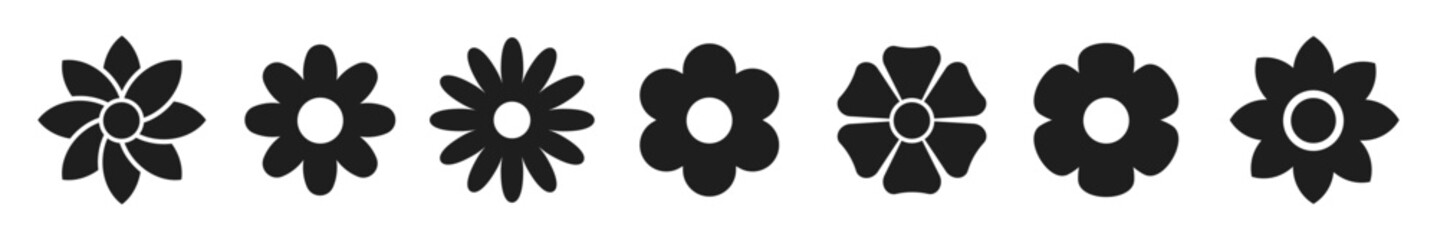Flower icons set isolated on white background. Floral black pictogram in trendy flat style. Nature symbol for decoration design. Vector illustration.