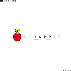 Sticker - Red apple logo template. Fresh fruit with green leaves 