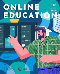 Online education. Vector abstract illustration of a man at a computer monitor studying a program for business or programming.