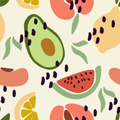 Wall Mural - Hand drawn watermelon slice, peach slice, half of avocado fruit and lemon cirtus on the seamless pattern