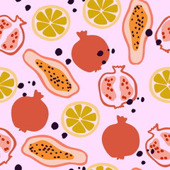 Wall Mural - Lemon, papaya and granat fruits on the hand drawn seamless pattern