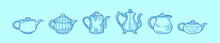 Set Of Cute Tea Pot Collection Cartoon Icon Design Template With Various Models. Vector Illustration Isolated On Blue Background