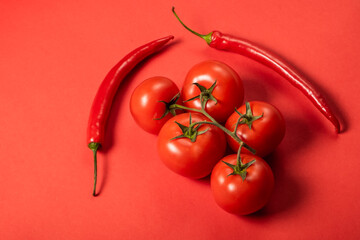 Juicy red vegetables tomatoes and chili peppers on a bright red background. Kitchen. background for restaurant. tomato sprig.