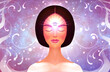 Spiritual awakening. Meditation, Buddhism, intuition opening. Third Spiritual Eye. Woman on the background of space