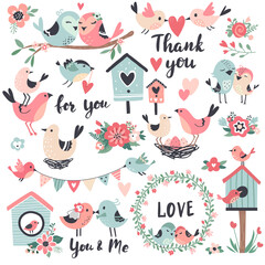 Lovebird set, family birds collection for wedding invitation card, romantic sticker kit