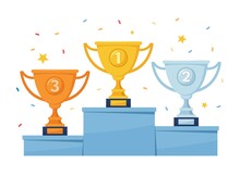 Gold, Silver, Bronze Trophy Cup. Prize Podium With Winner Or Champion Awards. Sport Competition Trophy Cups On Pedestal Vector Illustration. Victory Celebration With Places And Confetti