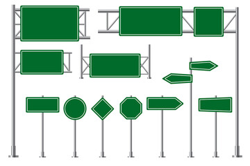 Road sign. Green highway traffic boards, route direction signboards. Blank billboard and arrow information signage vector 3d isolated set. Indication for transportation, city guide