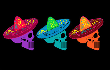 Wall Mural - Mexican skulls with sombrero, vivid neon colors. Isolated on the black background