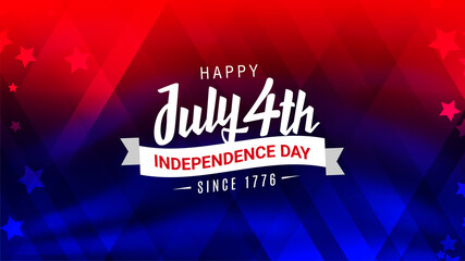 Happy 4th of July, independence day since 1776 design with ribbon on trendy red and blue American flag color background with stars.
