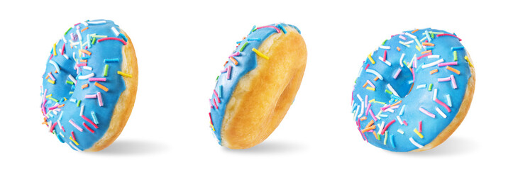 Sticker - Blue donut with sprinkles on a white isolated background