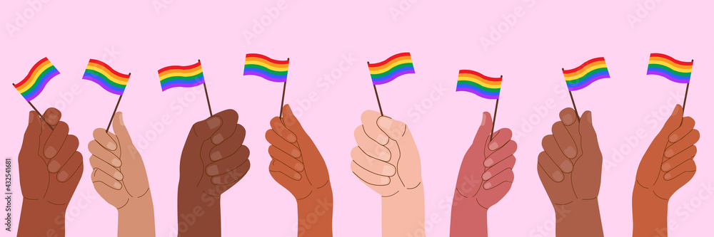 Vector illustration of hands holding flags with LGBT symbols. Stock ...