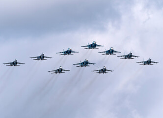 Wall Mural - MOSCOW, RUSSIA - MAY 7, 2021: Avia parade in Moscow. su-35 and su-34 and su-30 in the sky on parade of Victory in World War II in Moscow, Russia