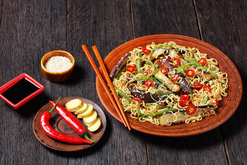 Wall Mural - eggplant green bean noodle salad, top view