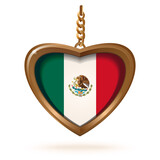 Fototapeta  - Gold medallion in the form of a heart with the flag of Mexico inside. Gold medallion with the Mexican flag on a chain. Mexico flag keychain isolated on white. Vector illustration