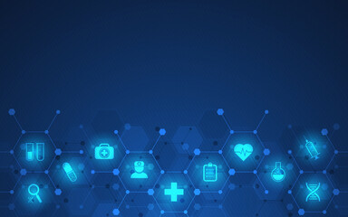 Illustration of healthcare and technology concepts with flat icons and symbols. Template design for health care business, innovation medicine, science background, medical research