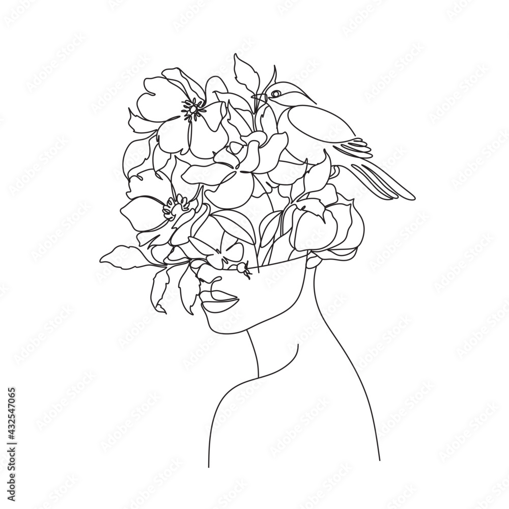 Abstract woman face with bird and flowers by one line drawing. Portrait ...