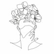 Peony woman line art portrait. Flower Head Woman Line Drawing. Surreal Minimalist Art. Beauty Salon logotype.